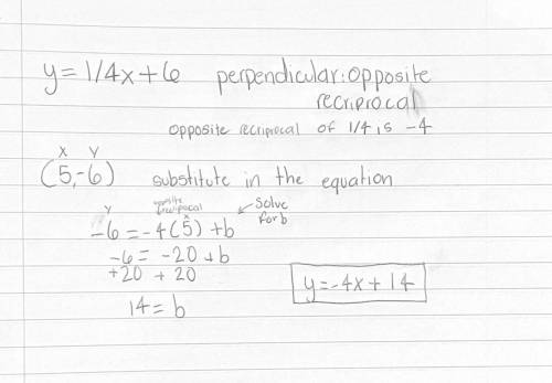 A line has this equation y=1/4x+6

Write an equation for the perpendicular line that goes through (