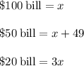 \mathrm{\$100 \:bill} = x\\\\\mathrm{\$50 \:bill} = x+49\\\\\$20\: \mathrm{bill} = 3x