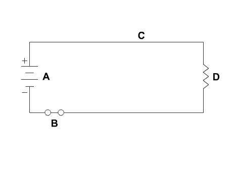 Which letter represents the location of the switch in this diagram?