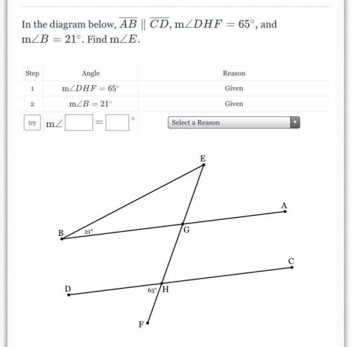 Min the diagram below AB||CD DHF=65 and B=21 find E