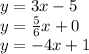 y=3x-5\\y=\frac{5}{6} x+0\\y=-4x+1