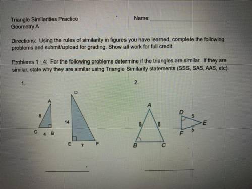Name:

Triangle Similarities Practice
Geometry A
Directions: Using the rules of similarity in figu