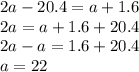 2a-20.4=a+1.6\\2a=a+1.6+20.4\\2a-a=1.6+20.4\\a=22