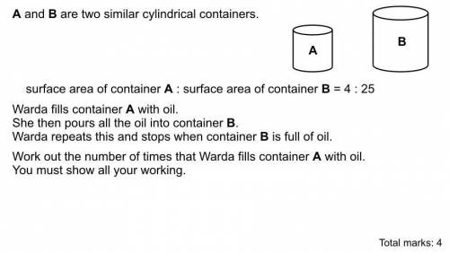 A and B are similar cylinder. surface area of A to B is 4: 25