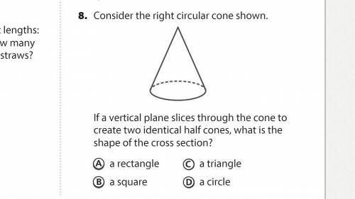 Help, tysm :)

consider the right circular cone shown. If a vertical plane slices throguh the cone