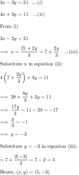3x -2y =21 ~~....(i)\\\\4x+3y = 11~~~...(ii)\\\\\text{From (i)}\\\\3x - 2y = 21 \\\\\implies x = \dfrac{21+2y}3 = 7 +\dfrac{2y}3 ~~~...(iii).\\\\\text{Substitute x  in equation (ii):}\\\\4\left( 7 + \dfrac{2y}3 \right) + 3y = 11\\\\\\\implies  28 + \dfrac{8y}3 + 3y =11\\\\\implies \dfrac{17y}3 = 11-28 = -17\\\\\implies \dfrac{y}3 = -1\\\\\implies y =-3\\\\\text{Substitute} ~ y =-3 ~ \text{in equation (iii):}\\\\\x=7+\dfrac{2(-3) }3 = 7-2 =5\\\\\text{Hence,}  ~(x,y) =  (5,-3)