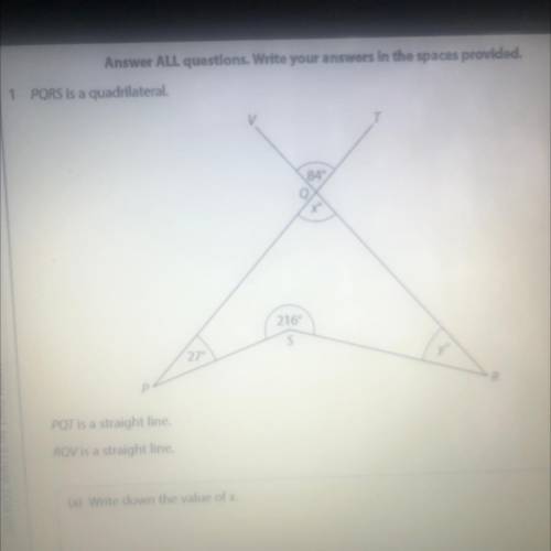 PQRS is quadrilateral. Pat is a straight line. Rev straight line. Find value of x, work out value o