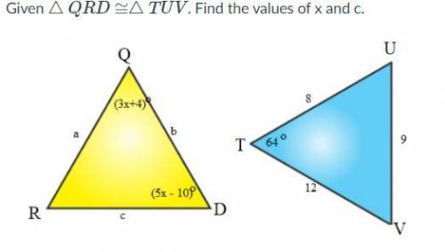 Find the values of x and c