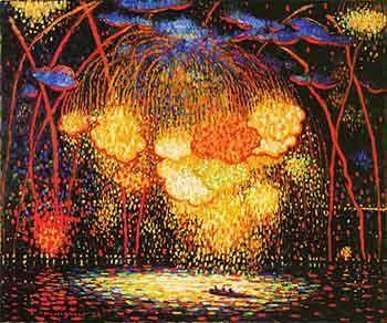 How did the artist emphasize the bright fireworks in this painting?

a painting that shows yellow,