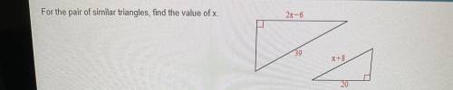 For the pair of similar triangles, find the value of x.
Pls show the work too