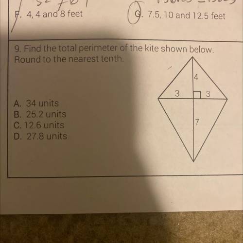 9. Find the total perimeter of the kite shown below.