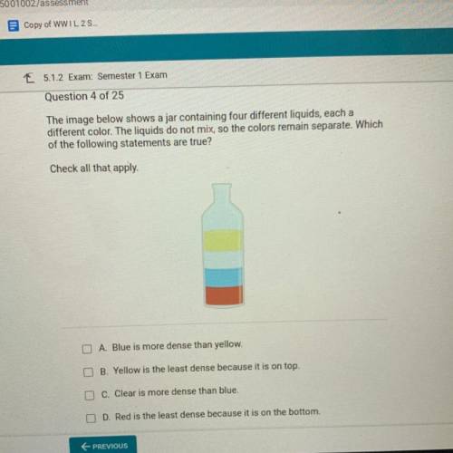 The image below shows a jar containing four different liquids each a different color. The liquids d