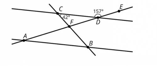 Lines AB and CD are parallel. Find the measures of the three angles in triangle ABF.