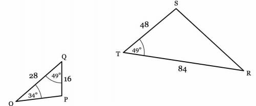 Determine if triangle OPQ and triangle RST are or are not similar, and, if they are, state which tr