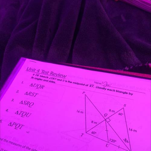 If pr bisects srt and u is the midpoint of rt classify each triangle by its angles and sides