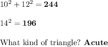 10^2+12^2 = \boldsymbol{244}\\\\14^2 = \boldsymbol{196}\\\\\text{What kind of triangle?} \textbf{ Acute}