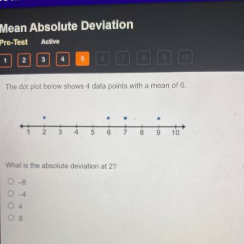 The dot plot below shows 4 data points with a mean of 6.

What is the absolute deviation at 2?
O -