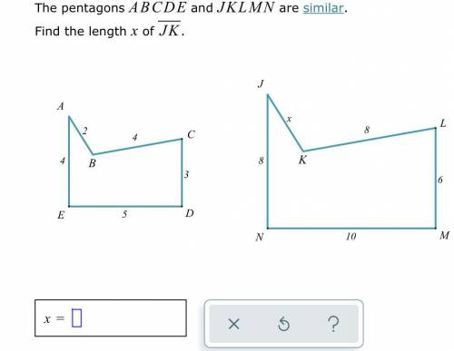 The pentagons ABCDE and JKLMN are similar find the length x of JK