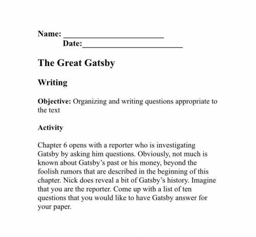 An assignment on chapter 6 on the book The Great Gatsby. I need it due SOON.