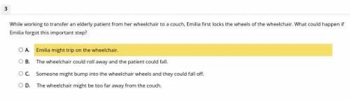 While working to transfer an elderly patient from her wheelchair to a couch, Emilia first locks the