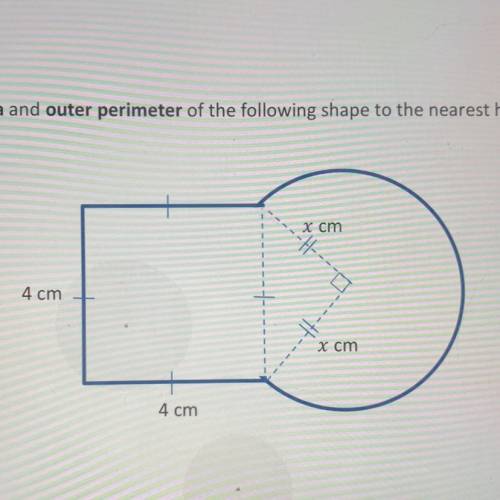 Determine the area and outer perimeter of the following shape
