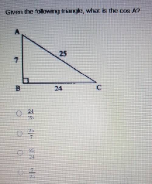 Given the following triangle, what is the cos A?