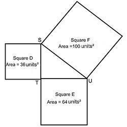 Triangle STU is formed by the three squares D, E, and F:

Which statement best explains the relati