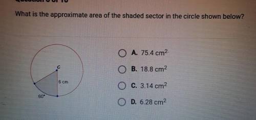 What is the approximate area of the shaded sector in the circle shown below? A. 75.4 cm2 B. 18.8 cm