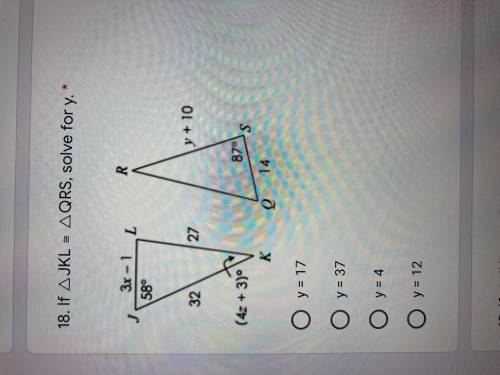 If triangle JKL is congruent to triangle QRS solve for Y