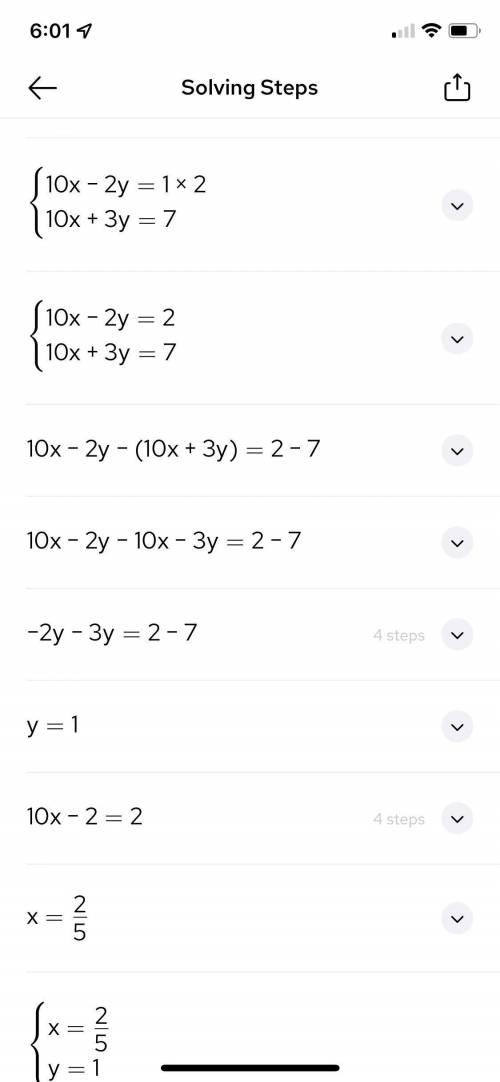 Solve the system with elimination: 
5x - y =1
10x + 3y = 7