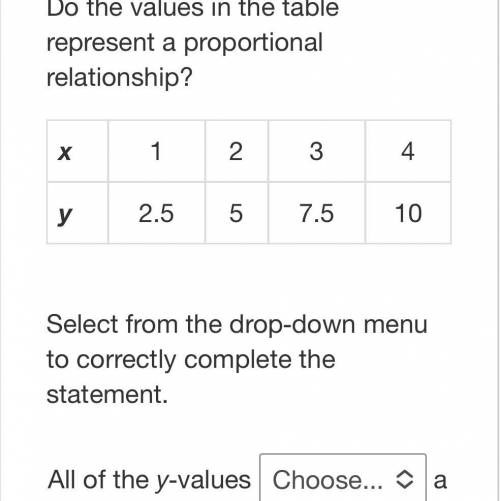 Do the values in the table represent a proportional relationship?

x1234
y2.557.510
Select