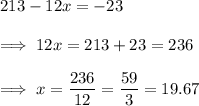 213 -12x = -23\\\\\implies 12x = 213 +23 = 236\\\\\implies x = \dfrac{236}{12}= \dfrac{59}3 = 19.67