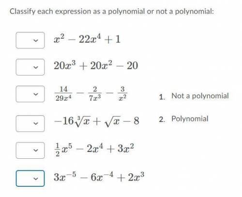 Will mark Brainliest for the correct 

Classify EACH expression as a polynomial or not a po