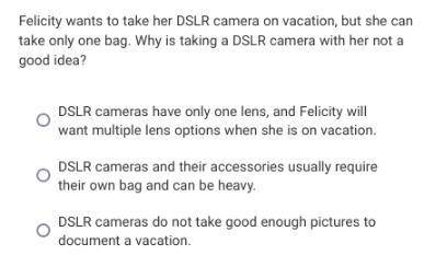 Please help

Felicity wants to take her DSLR camera on vacation, but she can take only one bag. Wh