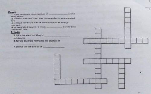 Complete the crossword puzzle below.

down 1. a fat molecule is composed of _____ And 3 fatty acid