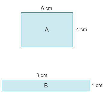 Rectangle A has a perimeter of ___ centimeters and an area of square centimeters. Rectangle B has a