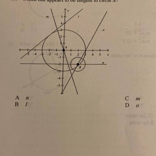 19. Which line appears to be tangent to circle A?