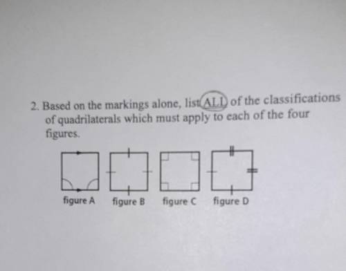 2. Based on the markings alone, list ALD of the classifications of quadrilaterals which must apply