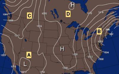 Based on the pressure data shown in the weather map, in which area are you most likely going to see