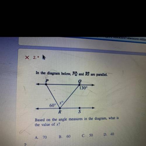 In the diagram below, PQ and RS are parallel. Based on the angle measures in the diagram, what is t