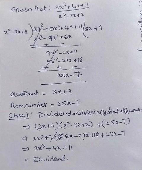 Divide: (3x³+4x+11)/(x²-3x+2)