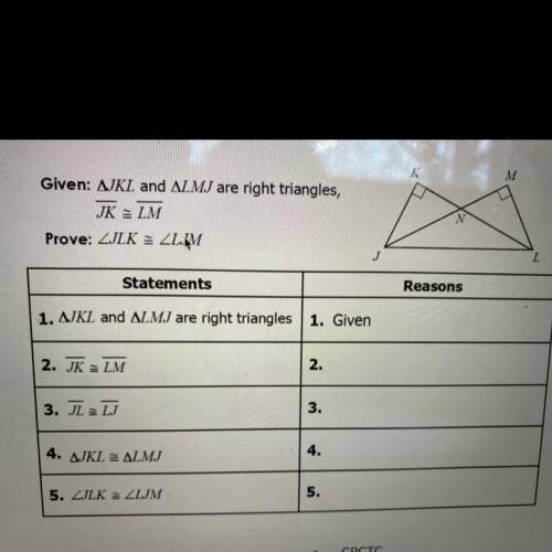 Given: JKL and LMJ are right triangles, JK=LM prove=JKL=LJM
