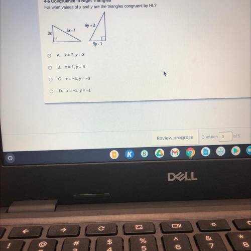 For what values of x and y are the triangles congruent by HL?
help