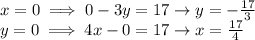 x=0 \implies 0-3y=17 \rightarrow y=-\frac{17}3\\y=0 \implies 4x-0=17 \rightarrow x=\frac{17}4