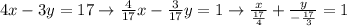 4x-3y=17 \rightarrow \frac{4}{17}x - \frac3{17}y = 1 \rightarrow \frac{x}{\frac{17}4}+ \frac{y}{-\frac{17}3}=1