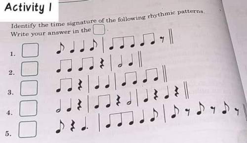 Identify the time signature of the following rhyrhmic patterns. Write the answer in the box