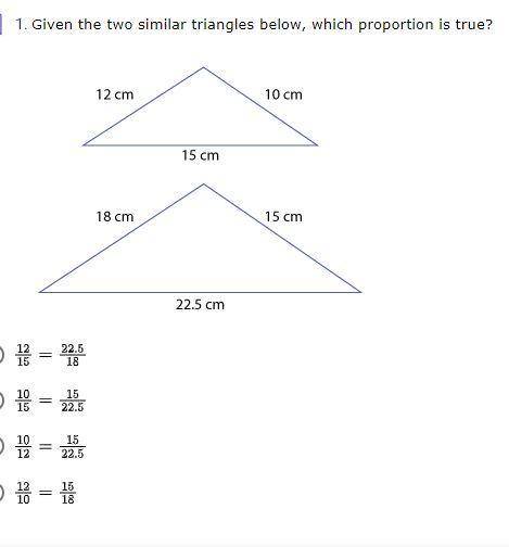 Given the two similar triangles below, which proportion is true?