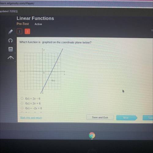 6 O

Which function is graphed on the coordinate plane below?
Ty
x
f(x) = 2x - 6
Of(x) = 2x + 6
f(