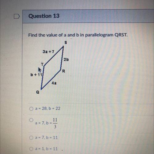 Find the value of a and b in parallelogram QRST