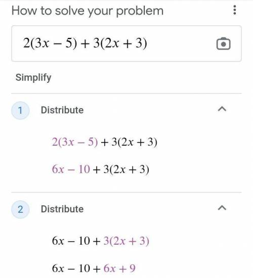 Expand and simplify 2(3x – 5) + 3(2x + 3)